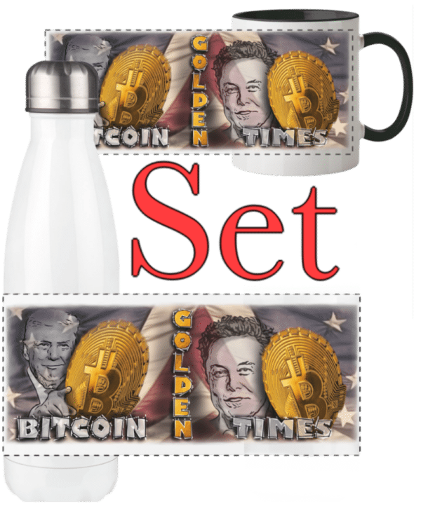 Set aus Tasse und Thermoflasche „Enjoy BITCOIN Mooning“ mit handgezeichnetem Design für Krypto-Fans.