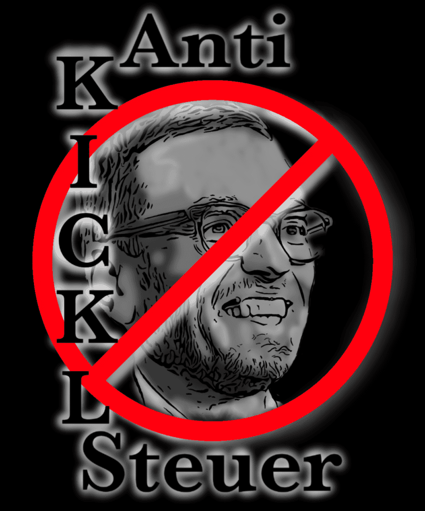 Karikatur von Herbert Kickl hinter einem roten kreisrunden Verbotssymbol, Wörter ‚Anti-Kickl-Steuer‘ oben links und unten auf der Grafik verteilt