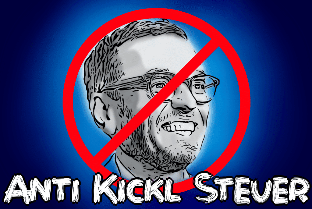 Karikatur von Herbert Kickl hinter einem roten kreisrunden Verbotssymbol, darunter der Schriftzug ‚Anti-Kickl-Steuer‘ als Grafik