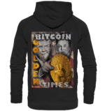 Detailaufnahme des Bitcoin Golden Times Motivs auf dem Kids Premium Hoodie für kleine Krypto-Fans