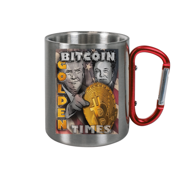 Bitcoin Golden Times Edelstahl-Tasse mit Karabinergriff, handgezeichnetem Motiv und langlebigem Design.