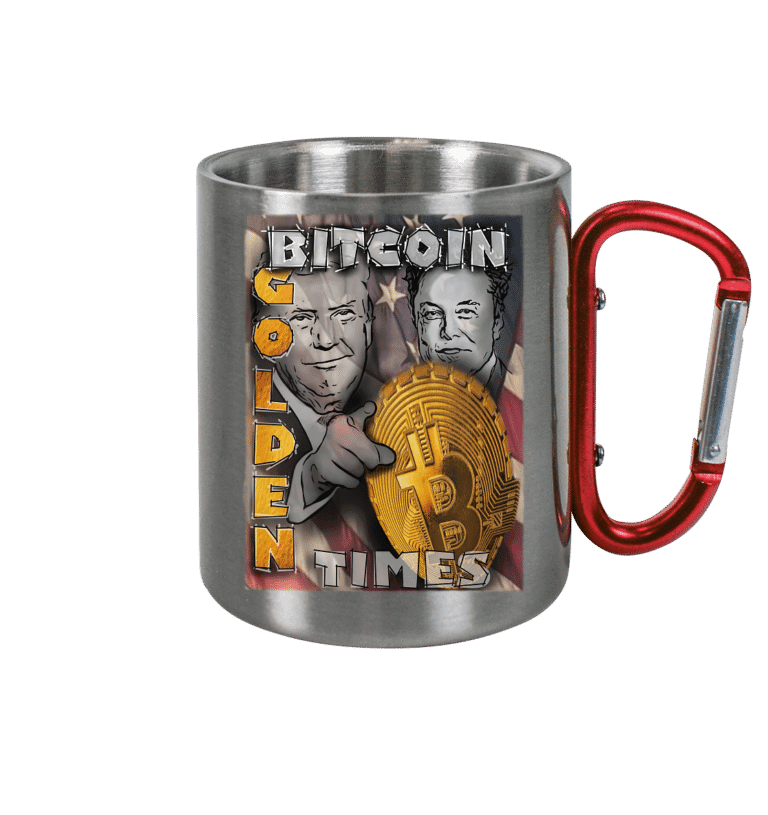 Bitcoin Golden Times Edelstahl-Tasse mit Karabinergriff, handgezeichnetem Motiv und langlebigem Design.