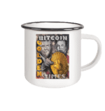 Klassische Emaille-Tasse in Weiß mit handgezeichnetem Bitcoin-Design und schwarzem Rand.