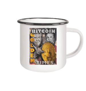 Klassische Emaille-Tasse in Weiß mit handgezeichnetem Bitcoin-Design und schwarzem Rand.
