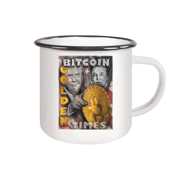 Klassische Emaille-Tasse in Weiß mit handgezeichnetem Bitcoin-Design und schwarzem Rand.