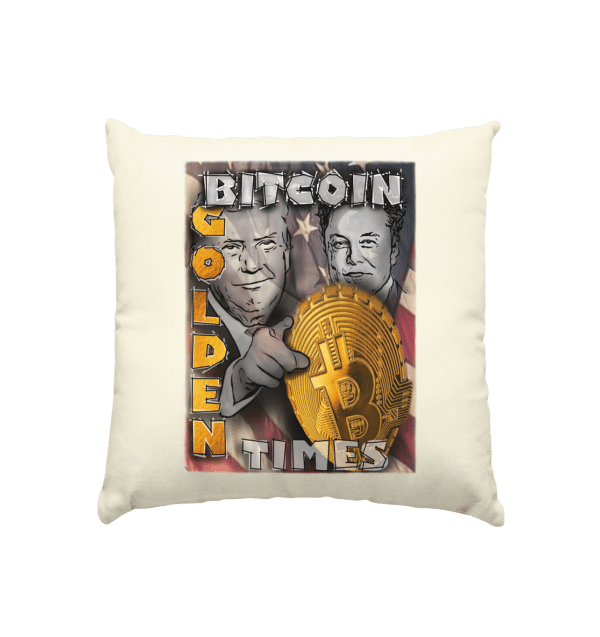 Bitcoin Golden Times Kissen natur oder weiß satiniert 40x40cm Bezug und goldenem Bitcoin-Design