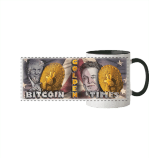 Detailansicht der Bitcoin Golden Times Tasse Panorama mit handgezeichnetem Motiv für Krypto-Fans