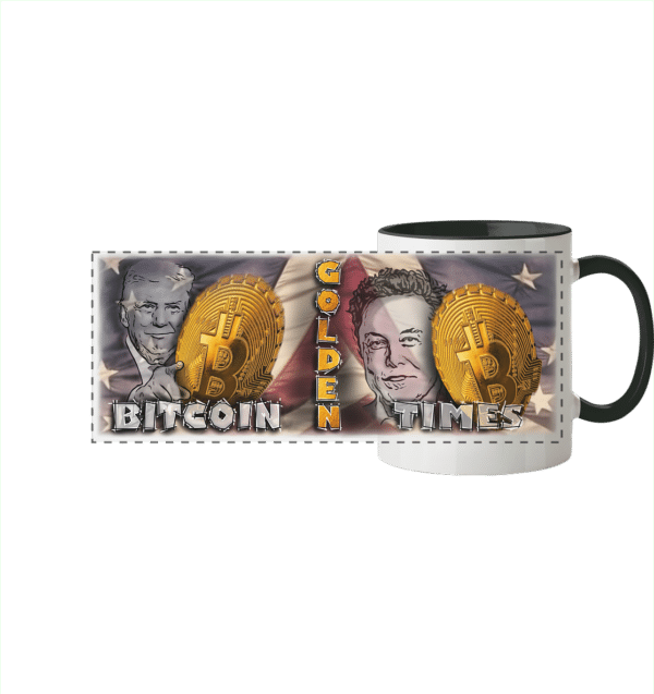 Detailansicht der Bitcoin Golden Times Tasse Panorama mit handgezeichnetem Motiv für Krypto-Fans