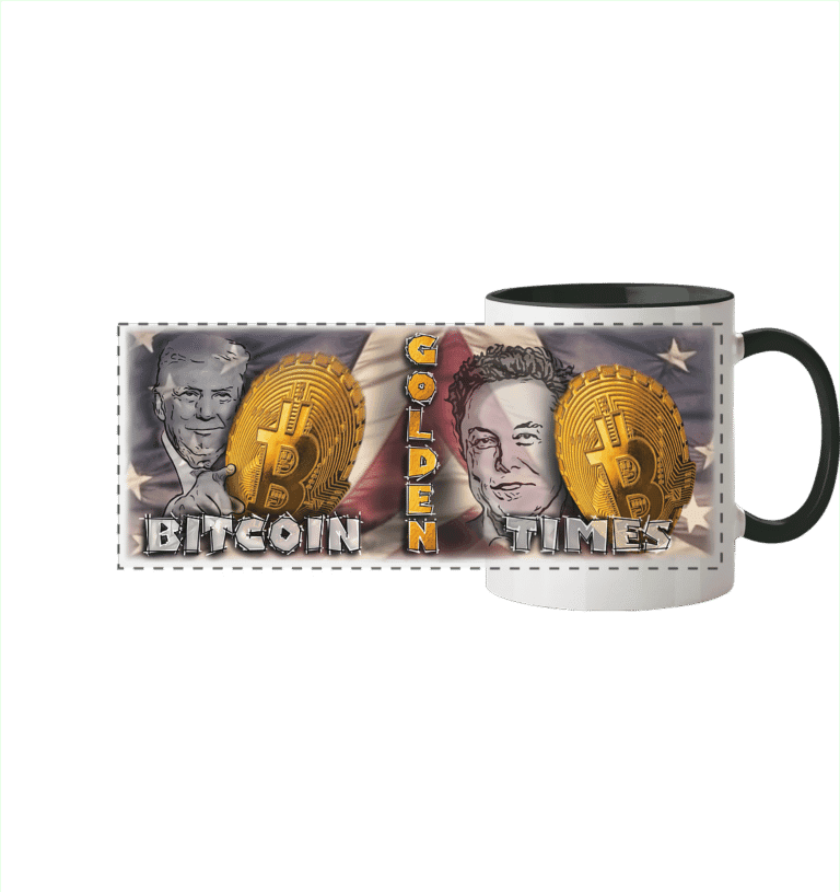 Detailansicht der Bitcoin Golden Times Tasse Panorama mit handgezeichnetem Motiv für Krypto-Fans