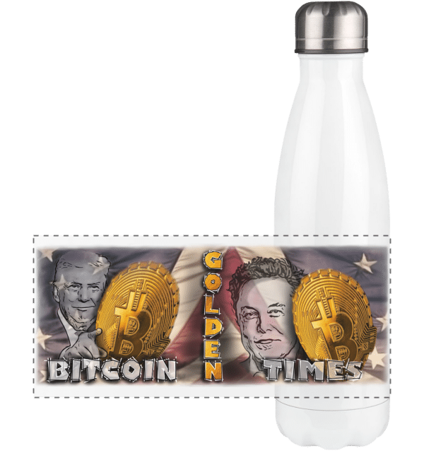 Bitcoin Golden Times Thermoflasche in Edelstahl mit silbernem Deckel und einzigartigem Bitcoin-Design - hält Getränke heiß oder kalt