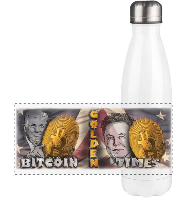 Bitcoin Golden Times Thermoflasche in Edelstahl mit silbernem Deckel und einzigartigem Bitcoin-Design - hält Getränke heiß oder kalt
