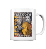 Bitcoin Golden Times Tasse Glossy mit großteils handgezeichnetem Motiv auf glänzender weißer Oberfläche