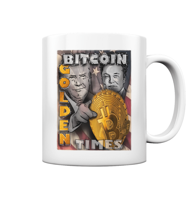 Bitcoin Golden Times Tasse Glossy mit großteils handgezeichnetem Motiv auf glänzender weißer Oberfläche